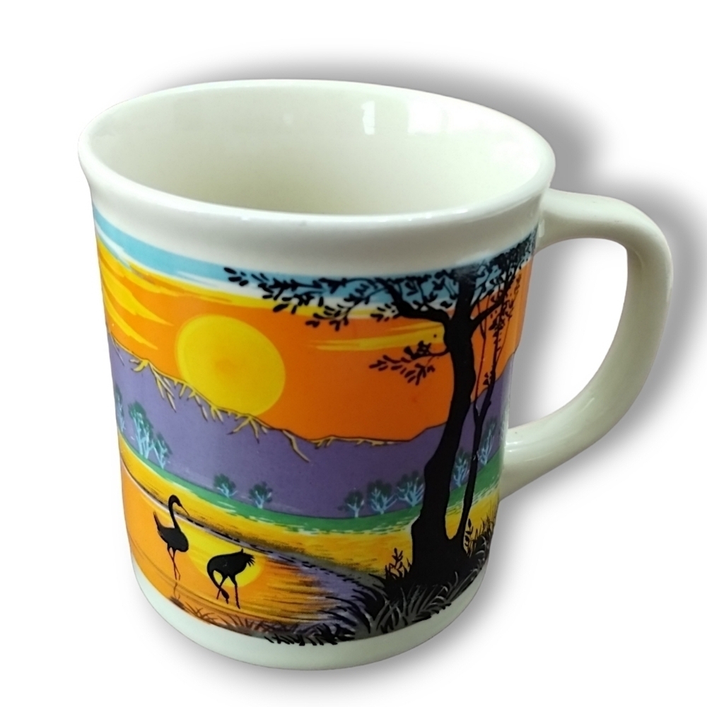 Vintage 1980s Japan Scenic Cranes at Sunset Ceramic Mug